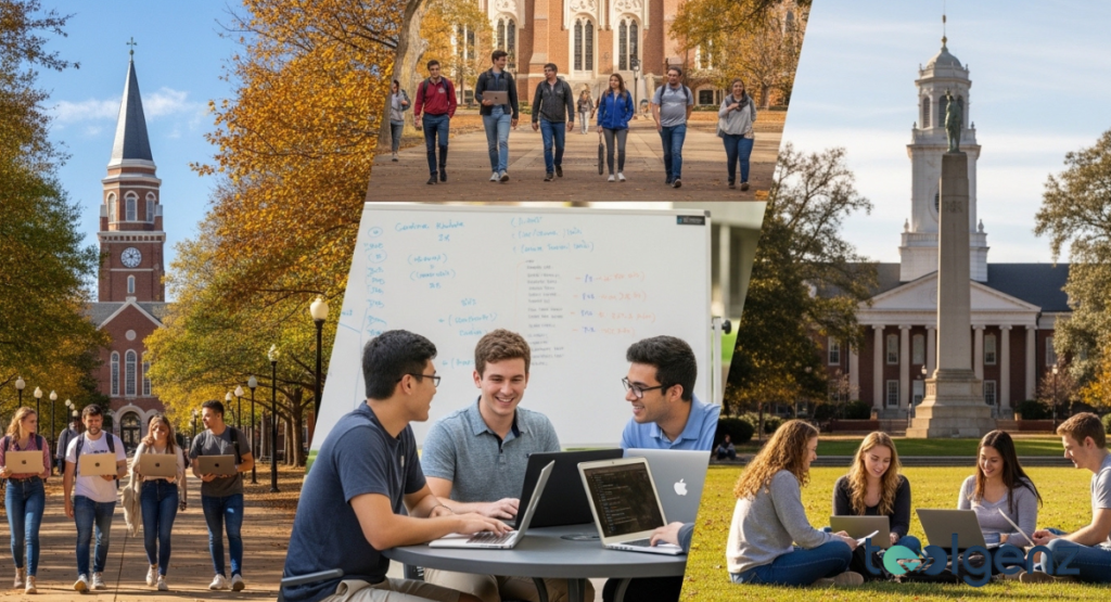 A collage of university scenes, including students walking, studying, and relaxing on campus, showcasing a vibrant academic life. These images highlight the diverse experiences at various computer science colleges.