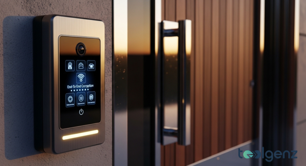 A sleek video doorbell mounted beside a modern door displays encryption status on screen. Icons for connectivity and security glow beneath a camera lens at sunset.