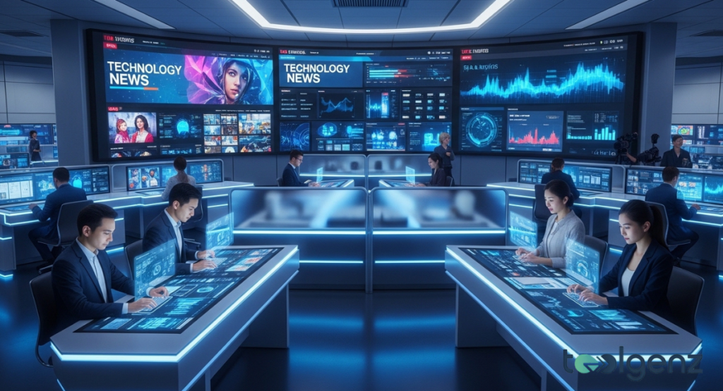 A futuristic control room filled with screens displaying "TECHNOLOGY NEWS" and complex data visualizations. Operators at glowing workstations monitor global information flows and technological advancements.