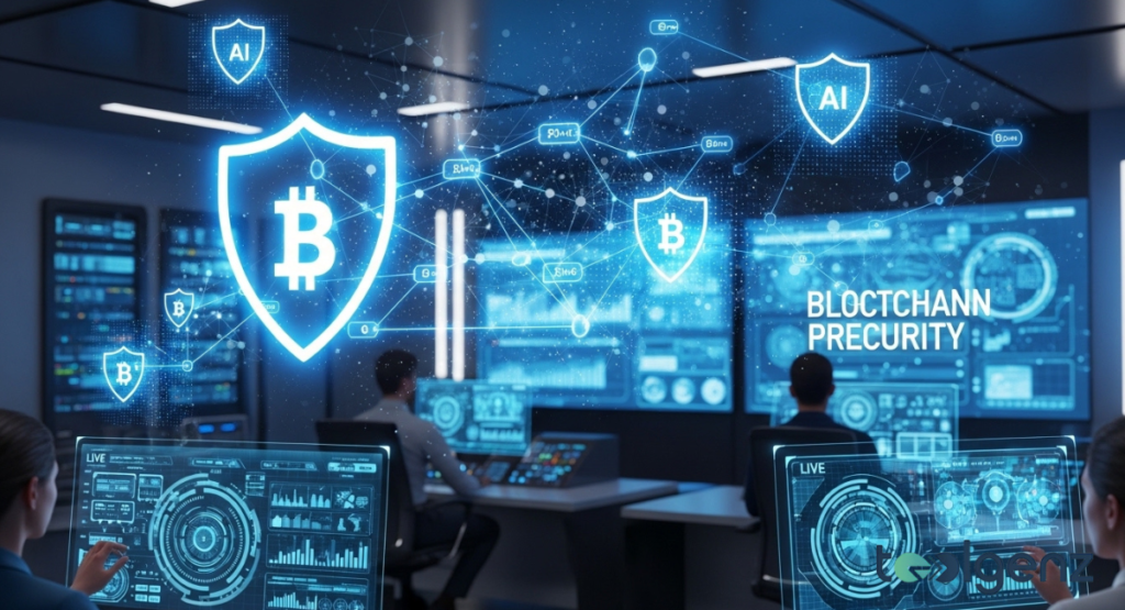 blockchain security and fraud prevention illustrated with glowing Bitcoin shields, AI protection symbols, and interconnected data networks in a high-tech command center.