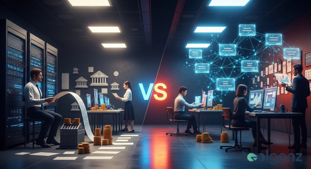 Traditional banking systems with paper records and physical coins versus modern blockchain technology with digital networks and holographic data.