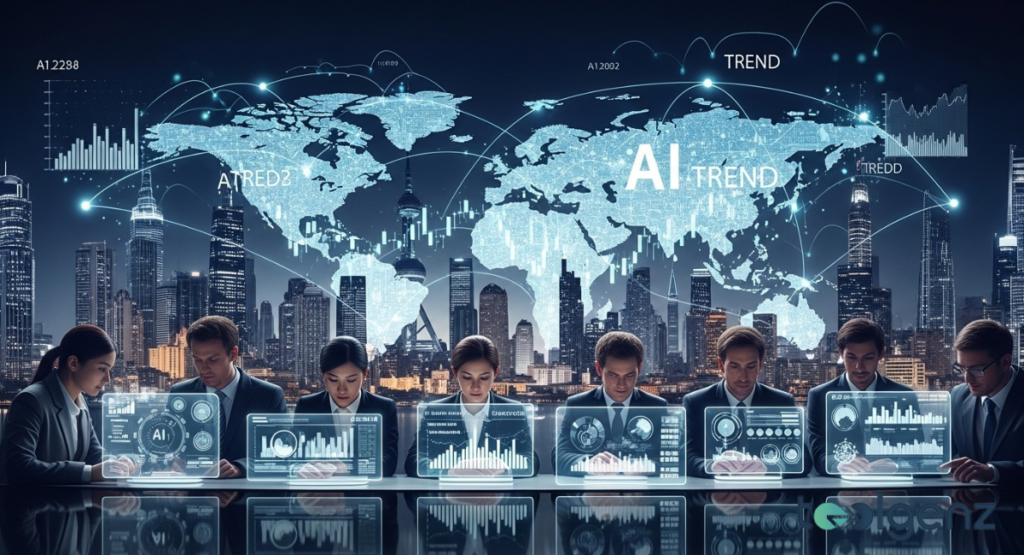 Eight professionals sit at a long table, each with a transparent holographic dashboard, in front of a glowing digital world map.