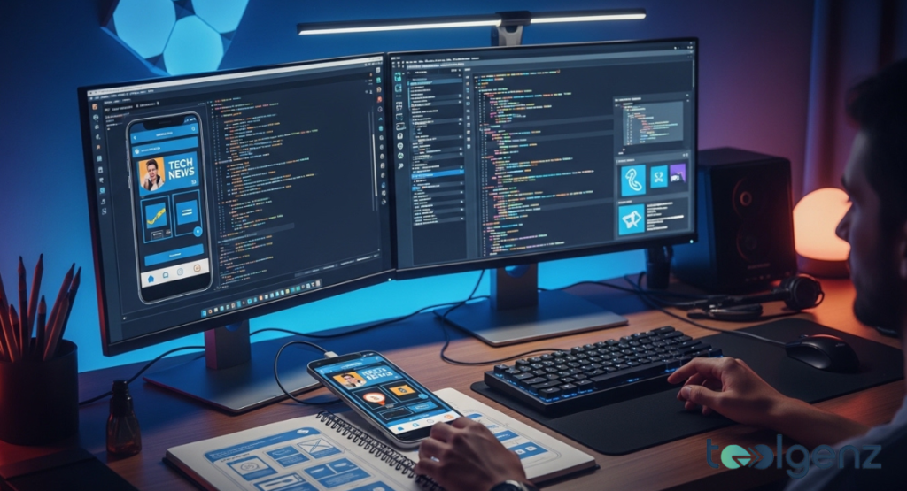 A programmer works on dual monitors, displaying code for a mobile app alongside its visual interface. A smartphone on the desk shows the live preview of the tech news app being developed.