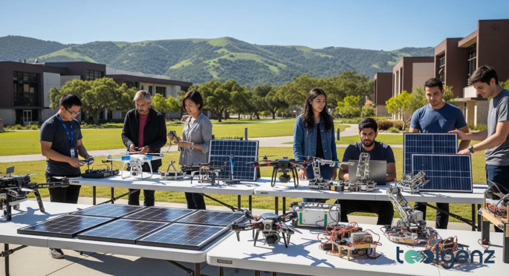 Students and faculty collaborate outdoors on a sunny campus, showcasing drones, solar panels, and robotics projects on display tables.