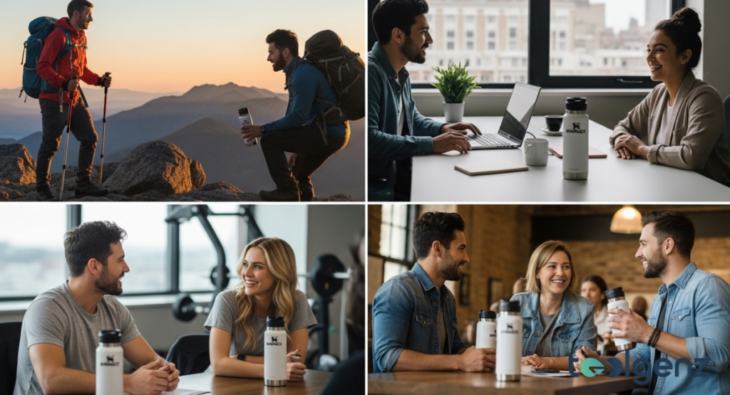 Four scenes show people using bottles while hiking at sunrise, meeting at an office, and chatting at a cafe. Each quadrant places the container on tables or in hands during social moments.