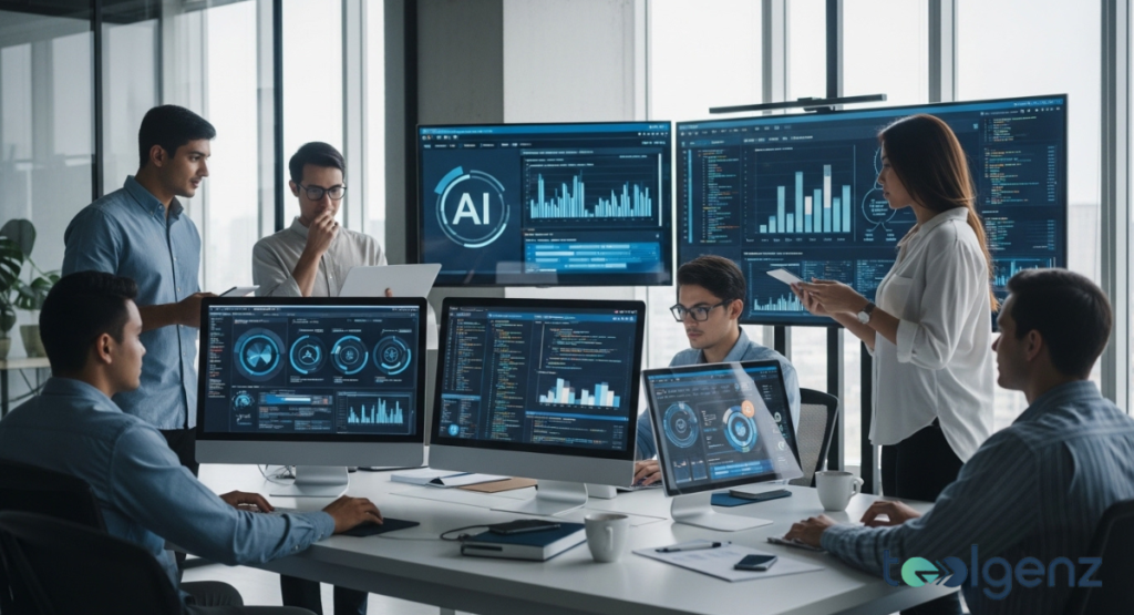 A team of diverse professionals collaborates in a high-tech office, surrounded by multiple large monitors displaying complex AI data, coding interfaces, and performance analytics.