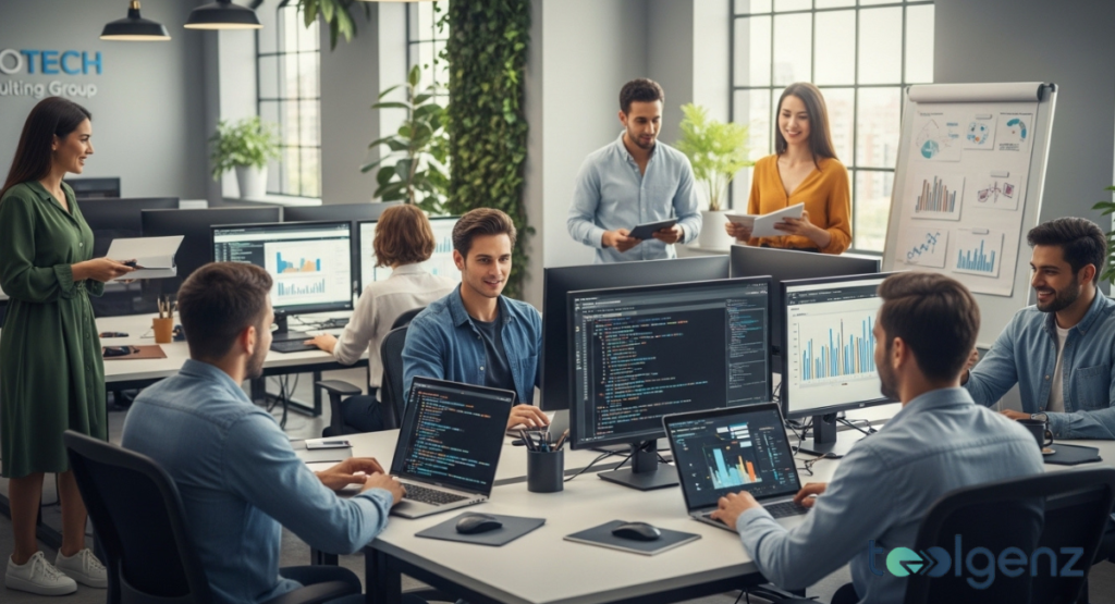 A vibrant open-plan office where young professionals are collaborating and working on computers, many displaying lines of code and data. The image suggests a dynamic and innovative work environment focused on technology.