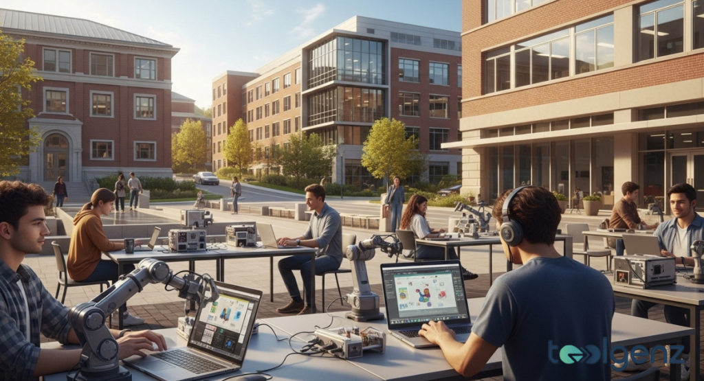 Students work on laptops and robotic arms in an outdoor campus setting, surrounded by modern and traditional university buildings.