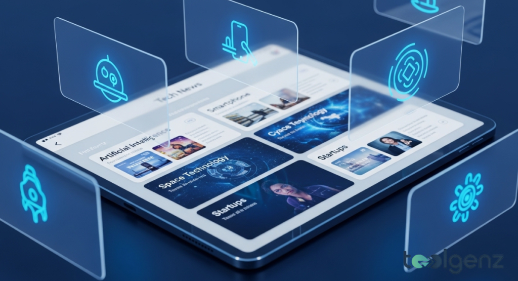 A tablet displays a "Tech News" app interface with categories like "Space Technology" and "Artificial Intelligence." Glowing holographic icons representing smartphones, robots, and rockets float around the device.