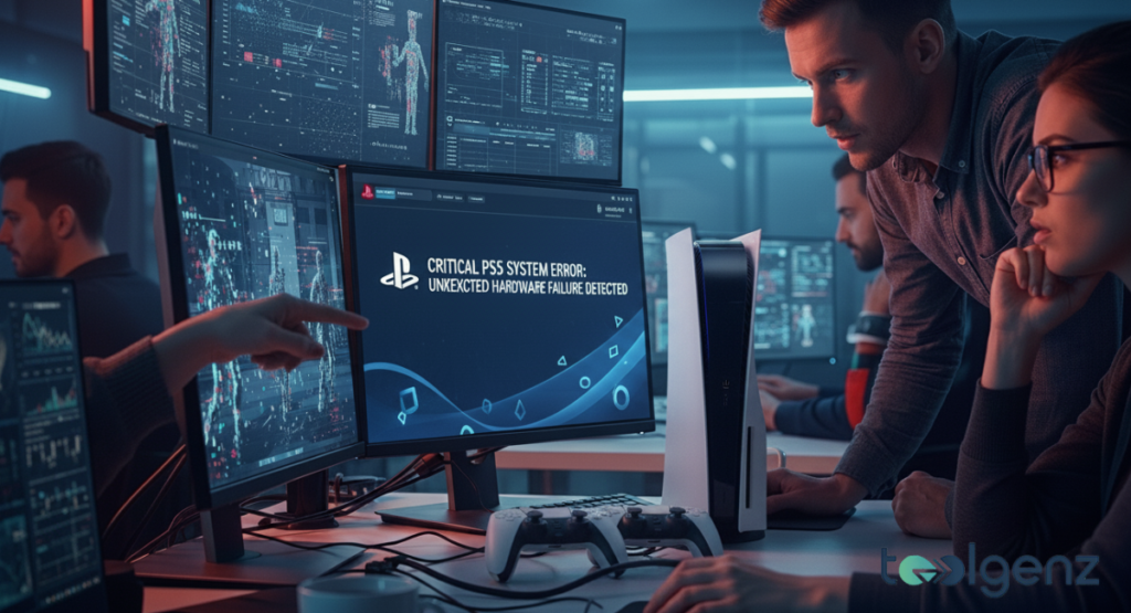 Engineers cluster around a monitor showing a critical system error during a test session. Charts, wireframes, and a PS5 console fill the desk as the team troubleshoots urgently.