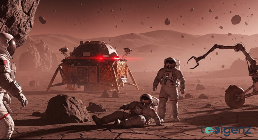 Three astronauts near a gold-foil lander as a red light sweeps the scene. A robotic arm reaches in from a rover on cracked, rust-tinged ground.