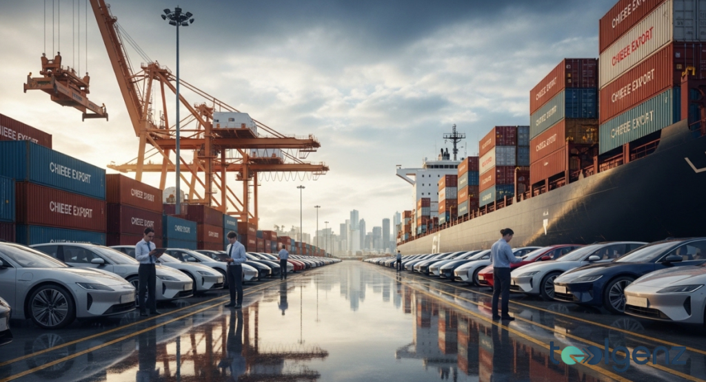 A massive port filled with thousands of new electric vehicles awaiting import, next to a large container ship. Towering cranes move shipping containers, indicating global trade and market implications for EVs.