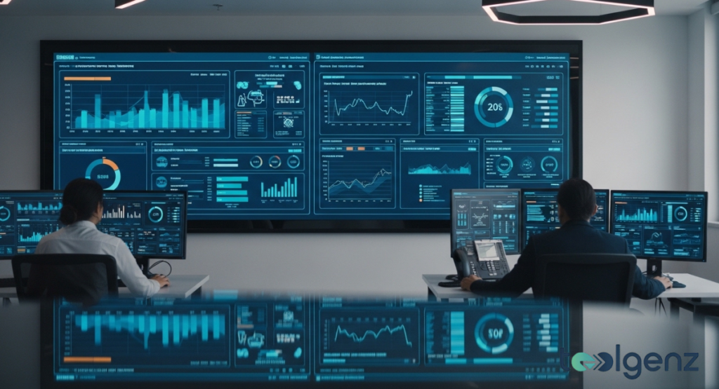 Two data analysts work in a control room, facing a massive screen displaying complex business metrics. The screen is filled with charts, graphs, and performance indicators in shades of blue and black.