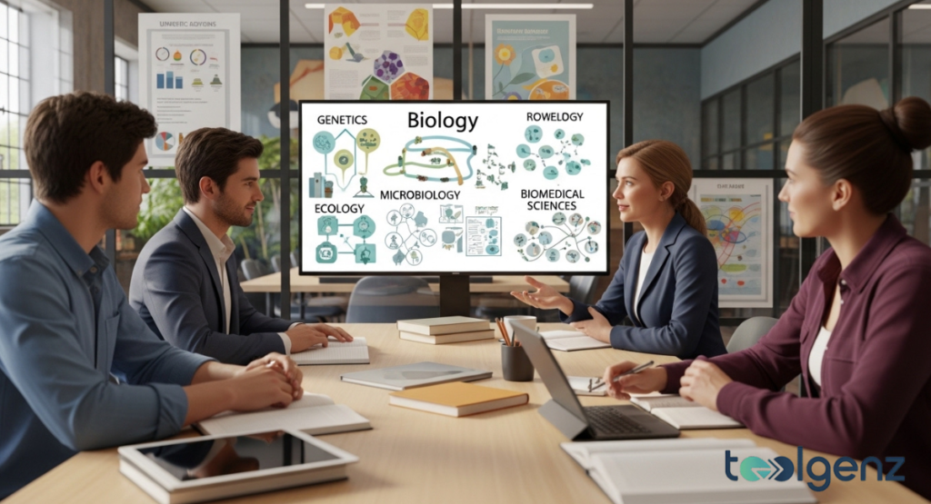 Four professionals in a meeting discuss a display showing a mind map of "Biology" sub-disciplines like Genetics, Ecology, and Microbiology. This illustrates various college types and majors within the field of biological sciences.