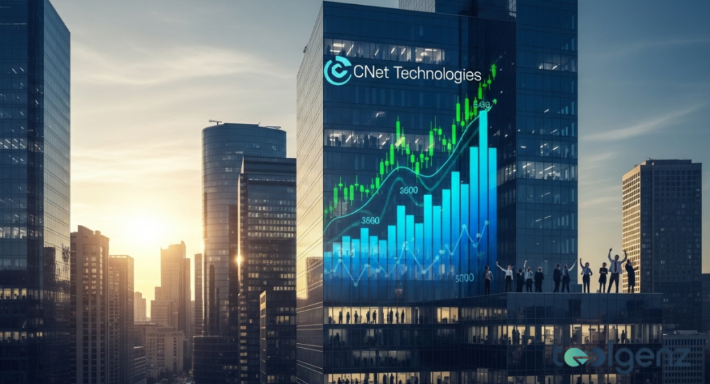 A modern skyscraper with the "Technologies" logo and a massive holographic growth chart on its facade. People on a rooftop terrace cheer, celebrating the company's strong performance and upward trajectory.