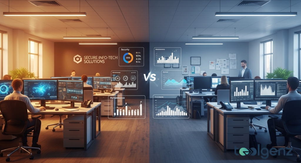 A split office view compares two companies, one showcasing "Secure Info-Tech Solutions" with security metrics. The left side, warm-toned, displays security and performance graphs, contrasting with the cool-toned right side.