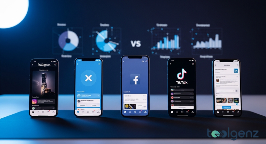 Five smartphones display different social media apps: Instagram, X, Facebook, TikTok, and LinkedIn. Holographic charts above compare their user engagement and market performance metrics.