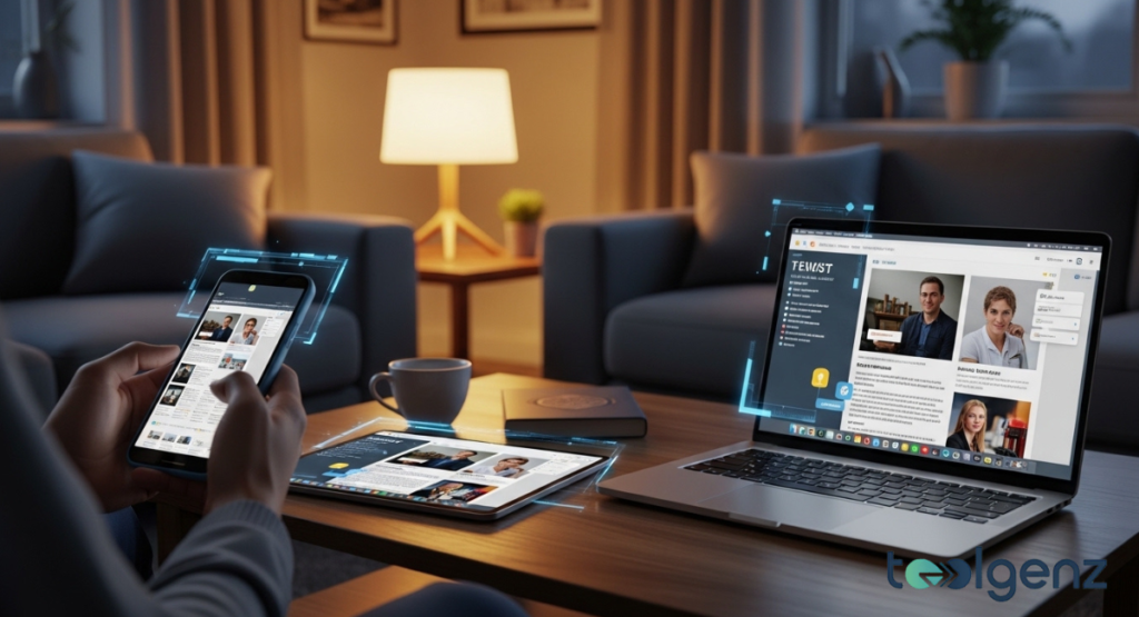 A person works on a laptop and smartphone in a cozy living room, with holographic screens of news and social media. The digital interfaces show diverse content, including images of people and article summaries.