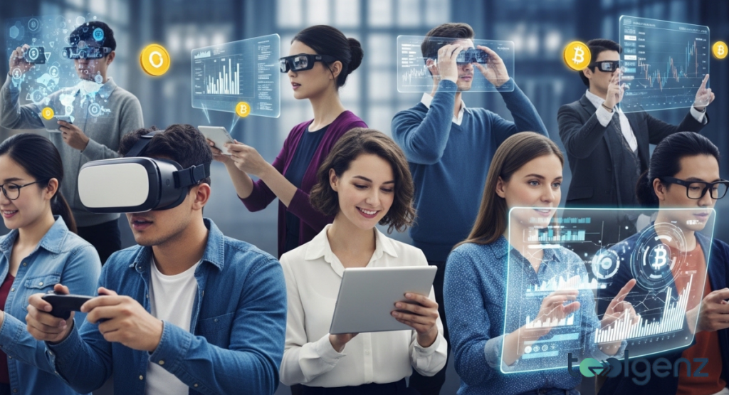 Diverse group uses AR glasses, tablets, and holograms displaying crypto charts and coin icons. People interact with floating data panels in a bright, modern space.