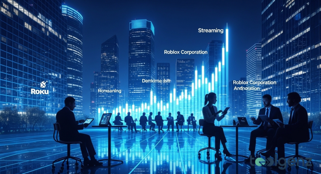 Silhouetted professionals meet in a futuristic city, surrounded by glowing bar charts representing company growth. The holographic data projects names like "Roblox Corporation" and "Streaming," indicating future trends.
