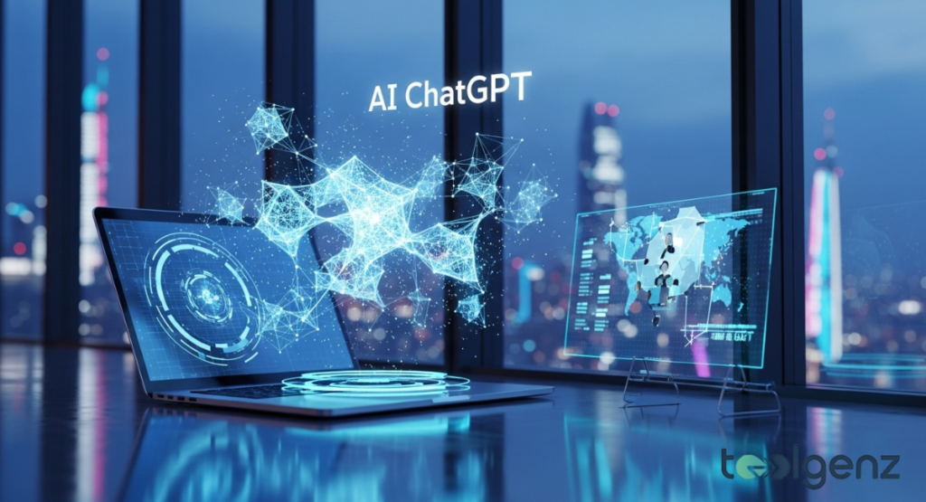 A laptop displays the AI ChatGPT interface with a glowing network diagram overlooking a city skyline. Holographic world maps and data visualizations float nearby, illustrating the future global impact of OpenAI.