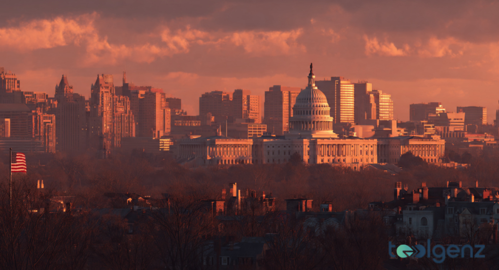 The US Capitol building and Washington D.C. skyline are bathed in the golden light of sunrise or sunset. A vibrant American flag waves in the foreground, symbolizing national unity amidst political discussions.