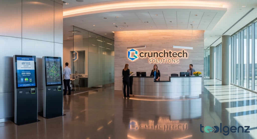 A diverse team of business people interacts outside a modern glass skyscraper adorned with the "Crunchtech Solutions" logo. Holographic screens display corporate overview, growth percentages, and contact details.