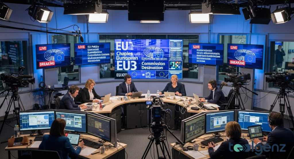 A high-tech media control room with multiple operators managing news feeds and live broadcasts. Numerous screens display Parliament and European Commission branding, alongside various broadcast languages.