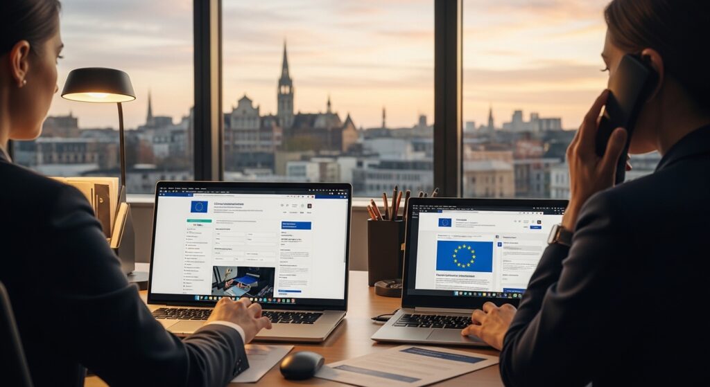 Two professionals work at laptops by a window overlooking a cityscape at sunset, one is on a phone call. Their screens display a website with the European Union flag and forms for information.