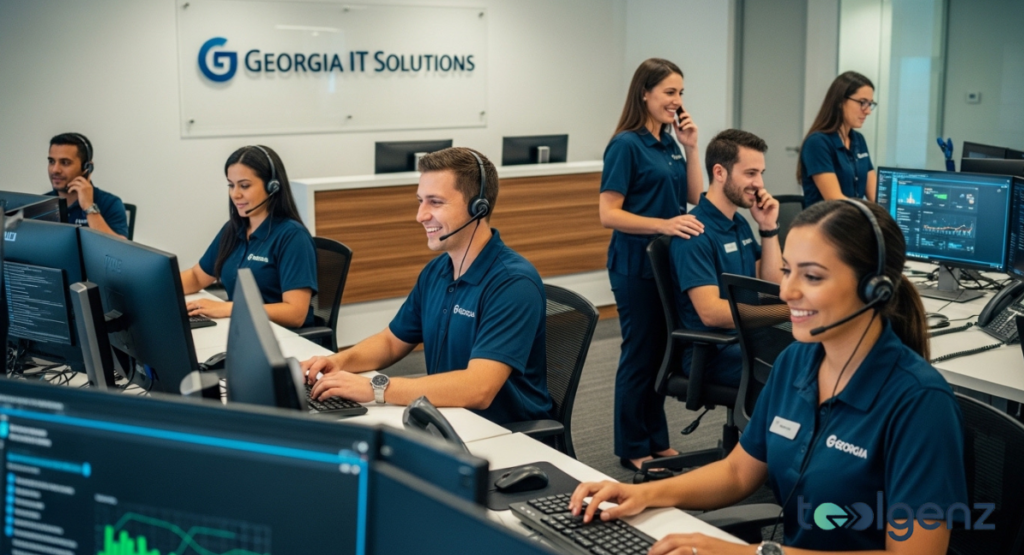 A busy call center in Atlanta GA 30332 with smiling customer service representatives wearing headsets. They are working diligently at their computer stations, ready to assist clients.