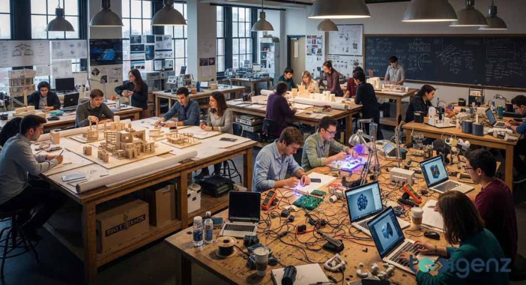 Students in a brightly lit studio work on design and architecture projects, surrounded by models, drawings, and technology.