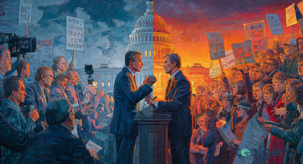 A dramatic political mural depicting two opposing groups of citizens clashing before a government building. Two male politicians face each other across a podium, their interaction creating a visible societal divide.