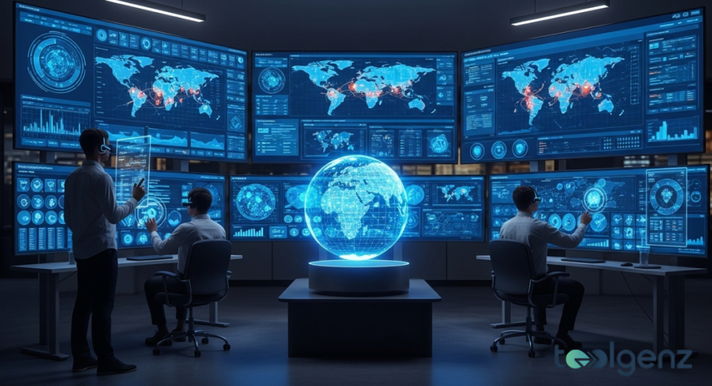A command center with analysts monitoring multiple screens displaying global cyber activity, data flows, and a central holographic earth, indicating advanced risk management. This illustrates cyber resilience in a complex data-driven world.