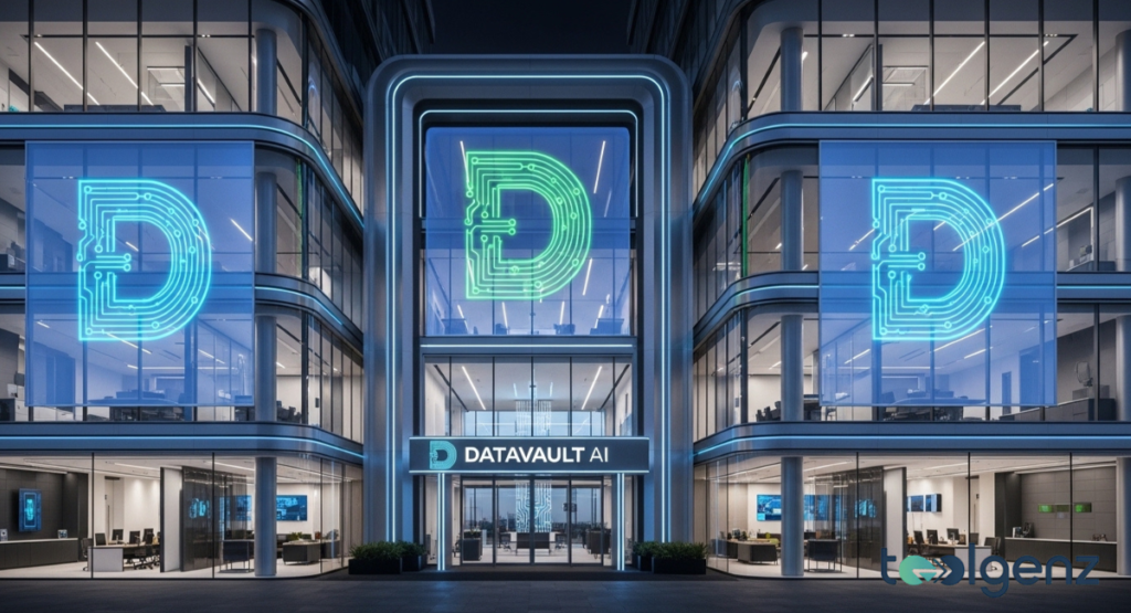 Modern glass office building at dusk with three large illuminated “D” logos made of circuit patterns above the entrance.