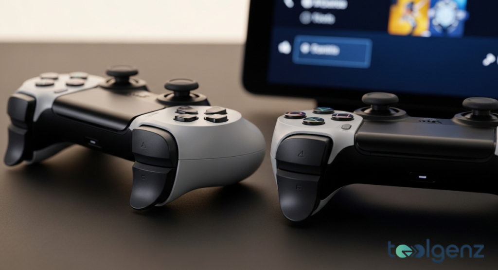 Two PlayStation DualSense controllers, one black and one white, rest on a dark surface in sharp focus. A tablet displaying a game menu is softly blurred in the background, hinting at the controllers' use.