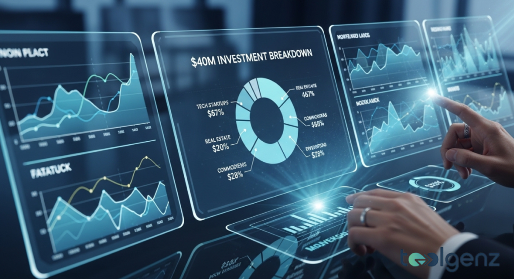 Futuristic holographic dashboards display a “$40M INVESTMENT BREAKDOWN” pie chart, while a hand interacts with glowing financial graphs and line charts.