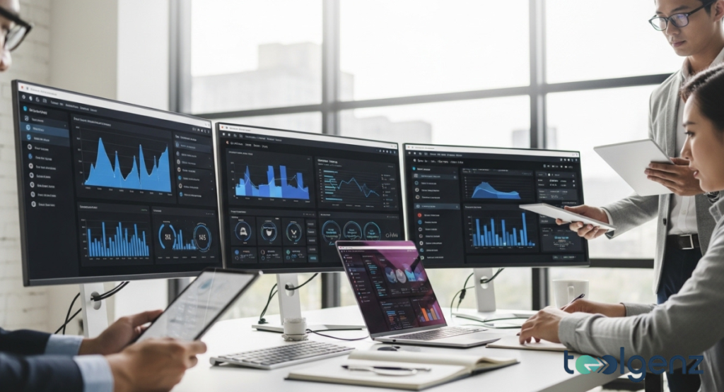 Analysts review performance dashboards with blue charts across three wide monitors. Colleagues with tablets discuss campaign metrics beside a laptop showing KPIs.