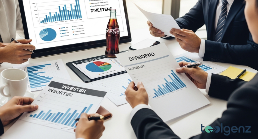 Hands hold printed reports labeled “Dividend” and “Investor” around a glass bottle Coca Cola on a white table.