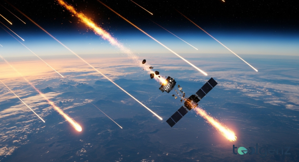 Multiple fiery meteors and a disintegrating satellite plummet towards Earth's surface during a dramatic re-entry. This visual represents the concern about debris from a satellite's re-entry and potential danger.