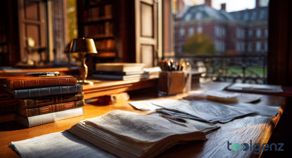 A sunlit wooden desk in a historic library, adorned with open books, papers, and a classic lamp. Through the window, a large, traditional university building is visible, evoking an academic setting.