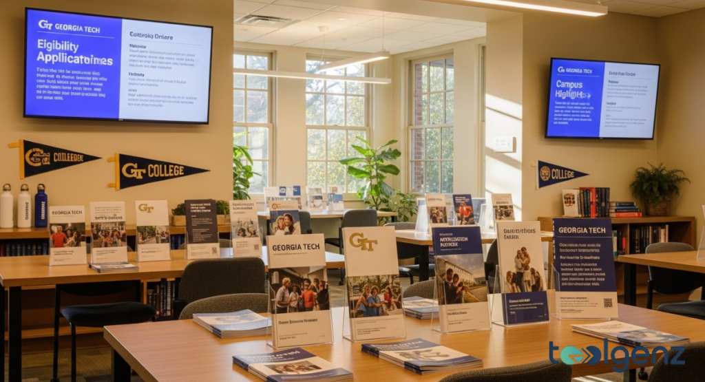 Brochures and flyers are arranged on tables inside a bright resource room with Georgia Tech banners. Wall screens display eligibility and application information while sunlight fills the space.