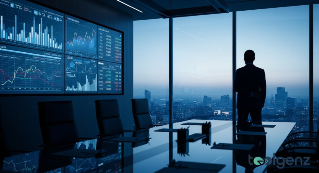 A silhouette of a man looking out over a futuristic cityscape from a high-rise office. Large screens display complex financial market data, including stock performance and economic indicators.