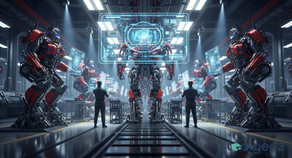 Assembly hall lined with tall red-and-black humanoid robots flanked by technicians and floating screens. Central hologram displays internal schematics while workers monitor progress on the production floor Tesla 2025 Updates.