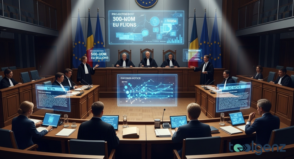 Formal courtroom scene with EU judges and lawyers reviewing massive fines and legal actions against Meta for data privacy violations.