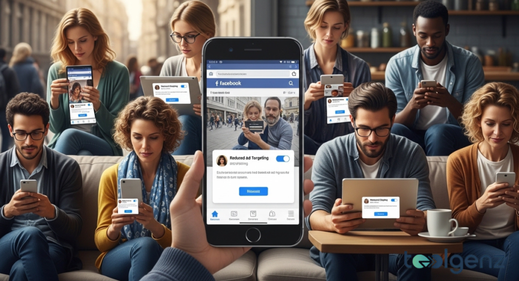 EU Facebook and Instagram under regulatory scrutiny in a futuristic control room with EU flags and large Meta logos.