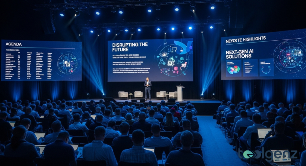 A bustling tech conference filled with professionals networking, surrounded by camera crews. Large digital screens in the background display vibrant, abstract designs and company logos.