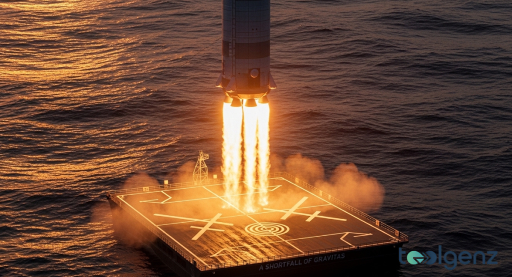 A Falcon 9 booster dramatically descends, landing vertically on an autonomous drone ship at sea. Fiery exhaust plumes ignite the ocean surface as the rocket precisely touches down on the platform.