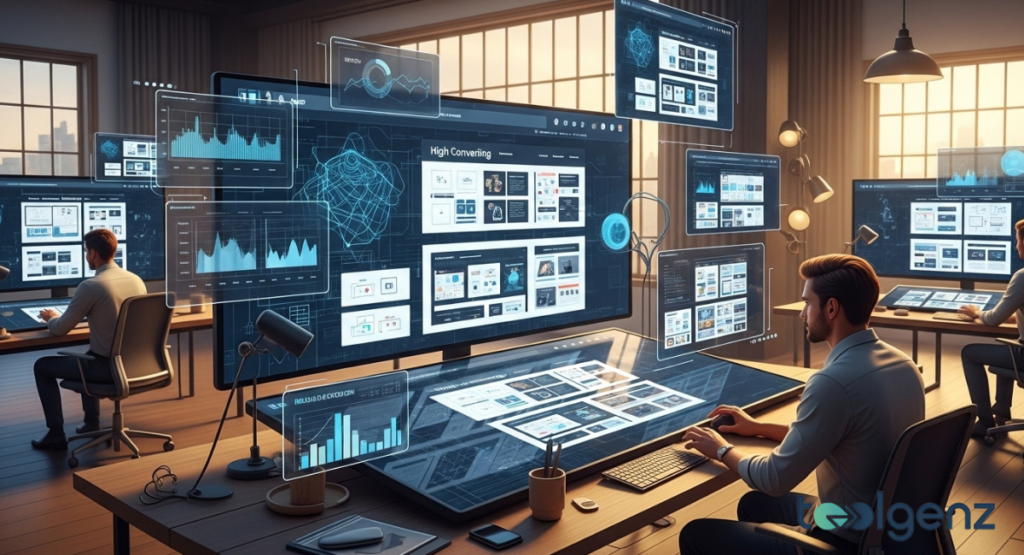 A tech designer works intensely at a workstation, surrounded by multiple glowing screens displaying web analytics.