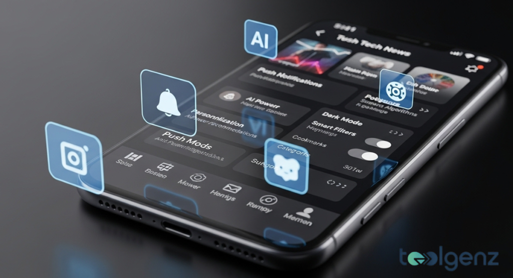 A smartphone displays a "Tech Tech News" app with various glowing holographic feature icons hovering above. Icons like "AI," "Push Notifications," "Dark Mode," and "Personalization" highlight key app functionalities.