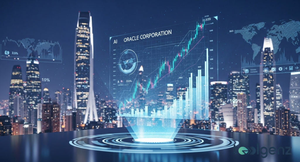 A holographic financial interface projects above a city skyline at night. Candlesticks and volume bars climb beside “ORACLE CORPORATION” branding.